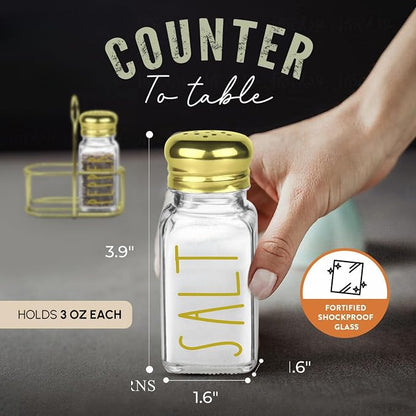 Luxury Glass Salt and Pepper Shakers Set with Holder by Brighter Barns - Gold Dining Room Decor, Farmhouse Kitchen Accessories - Glass Salt Shaker with Caddy for Restaurants, Hotel, Gifts (Clear/Gold)
