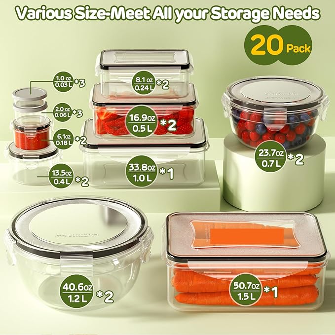 JSCARES 40 PCS Food Storage Containers with Lids Airtight (20 Lids &20 Containers) - Leakproof Meal-Prep Containers for Kitchen Storage Reusable Plastic Microwave/Dishwasher Safe with Labels & Pen | Leakproof Meal-Prep Containers for Kitchen Storage Re...