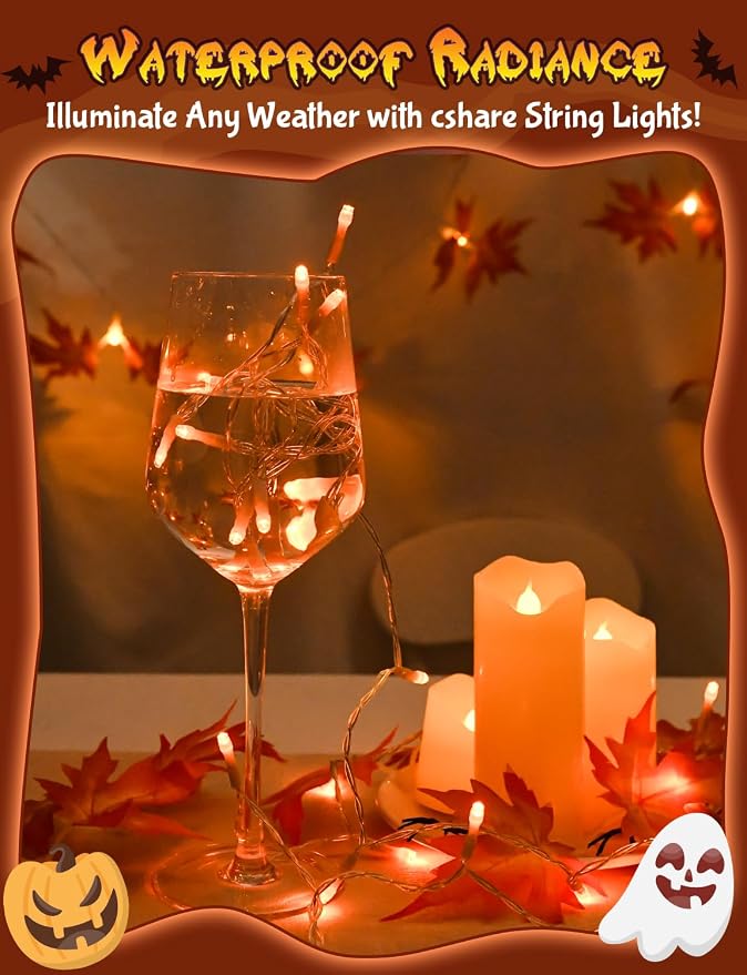 Cshare Halloween String Lights Battery Operated With Timer - 9.8ft 30LED Orange Waterproof Lights for Outside Decorations, Party, Yard, Pathway, Indoor and Outdoor