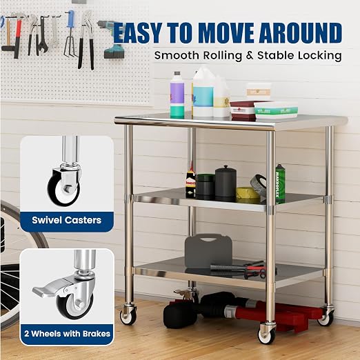 Stainless Steel Work Table with Wheels, 24x36 Inch NSF Kitchen Prep Table with 2 Adjustable Undershelves for Commercial Restaurant, Garage, Outdoor BBQ
