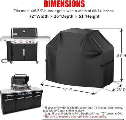 Grill Cover, 72 inch Heavy Duty BBQ Gas Grill Cover for Outdoor Grill, Waterproof, Weather Resistant, Anti-UV, Rip-Proof, Fade Resistant Barbecue Cover with Hook-and-Loop Straps for Most Grills