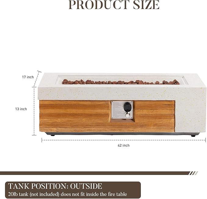 COSIEST 42" Outdoor Propane Fire Pit Table, Rectangular Gas Fire Pit Table with Concrete & Log Wood Grain Design, 50000BTU Fire Tables for Patio, Backyard, Garden Heating