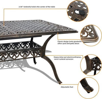 58.66" Bronze Aluminum Hollow Pattern Outdoor Dining Table, Fits 8, With Umbrella Hole