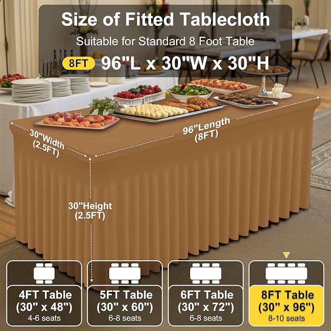 Smiry Spandex Elastic Fitted Table Cloth Skirt for 8FT Rectangle Table | Stretch Washable Table Cloth, Banquet Table Cover for Wedding, Party, Indoor & Trade Shows, (Brown, 96Lx30Wx30H)