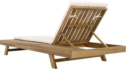Christopher Knight Home Dami Patio Chaise Lounge Chair Outdoor with 2-Thick Cushion, Acacia Wood Poolside Sun Lounger, Space Available On One Side, Adjustable Backrest Pool Lounger, Light Brown+Cream