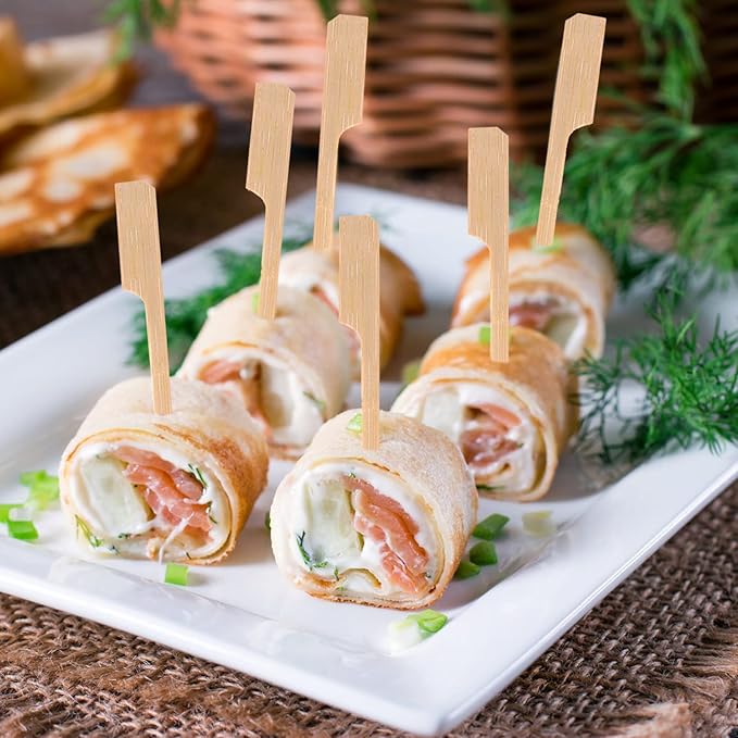 200 PCS Bamboo Skewers for Appetizers, 4.7 Inch Toothpicks Cocktail Picks for Drinks, Fruit Kababs, Sausage, Barbecue Snacks, Natural Wooden Paddle Skewer Mini Food Sticks, Charcuterie Accessories