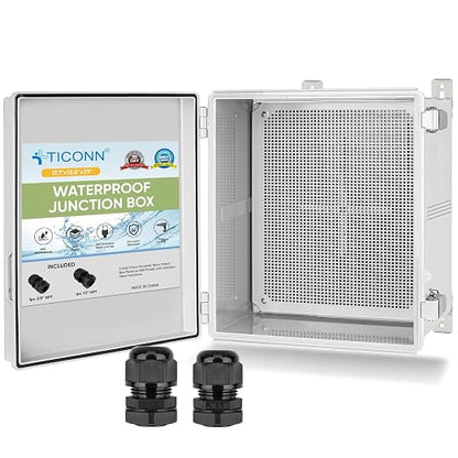 TICONN Outdoor Electrical Box Waterproof, Junction Box IP67 ABS Plastic Enclosure with Hinged Cover with Mounting Plate, Wall Brackets, Cable Glands (Off-White, 17.7"x13.8"x7.9")