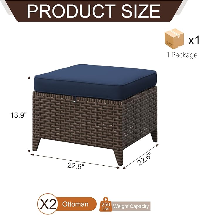 Patio Ottomans 2 Pieces, Outdoor 22" x 22" PE Wicker Ottoman with Removable Waterproof Cushions, All Weather Rattan Foot Stool Furniture for Deck, Porch, Backyard, Balcony, Poolside