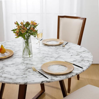 Romanstile Round Fitted Vinyl Tablecloth with Elastic Edge 100% Waterproof | Table Covers for 36"- 44" Tables, Wipeable Flannel Backed Plastic Table Cloths for Dinner, Picnic, Camping, Outdoor, Marble