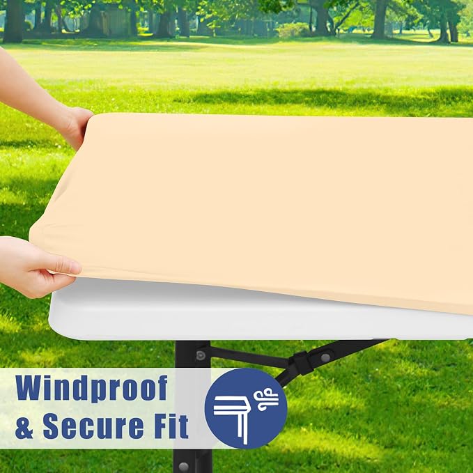 Moosfor 2 Pack Rectangle Spandex Fitted Table Cloth, 4FT Elastic Tablecloth | Washable Picnic Table Cover, Stretch Waterproof Table cloths for Party, Patio, Dining, Kitchen, 24" x 48", Ivory