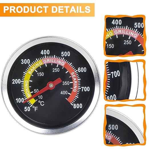 DcYourHome Charcoal Grill Thermometer, 2-3/8" Grill Lid Thermometer Replacement, Stainless Steel BBQ Pit Thermometer, Wood Charcoal Temp Gauge Grill Thermometer 50-800F Smoker Thermometer