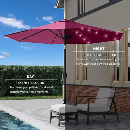 9FT Patio Umbrella with Solar Lights,Outdoor Market Umbrella with Tilt and Crank, LED Lighted Table Umbrella for Garden,Deck,Backyard,Pool,Beach (Rose Pink)