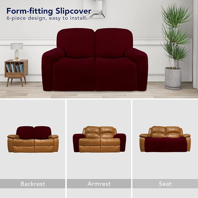 PureFit Super Stretch Loveseat Recliner Sofa Couch Cover with Pocket | 2 Seats Non Slip Soft Sofa Slipcover, Washable Reclining Furniture Protector for Kids, Pets (Recliner Loveseat, Wine)