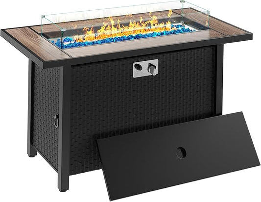 45in Fire Table, Propane Fire Pit with Glass Wind Guard and Rain Cover, Outdoor Firepit Table 50000 BTU 3-in-1 Fire Table for Patio/Yard/Balcony, Walnut Tabletop
