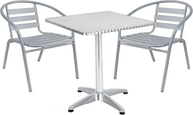 BTEXPERT Indoor Outdoor 23.75" Restaurant Stainless Steel Aluminum + 2 Silver Gray Metal Slat Stack Commercial Lightweight, 2 Chairs with a Square Table