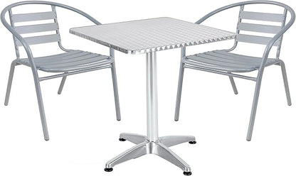 BTEXPERT Indoor Outdoor 23.75" Restaurant Stainless Steel Aluminum + 2 Silver Gray Metal Slat Stack Commercial Lightweight, 2 Chairs with a Square Table