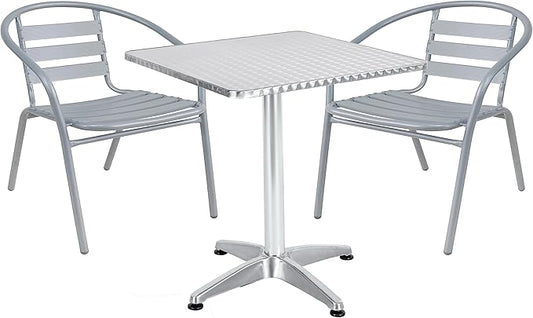 BTEXPERT Indoor Outdoor 23.75" Restaurant Stainless Steel Aluminum + 2 Silver Gray Metal Slat Stack Commercial Lightweight, 2 Chairs with a Square Table