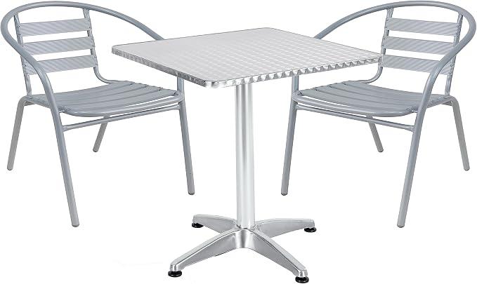 Indoor Outdoor Set of 2 Silver Gray Restaurant Metal Aluminum Slat Stack Chairs Lightweight