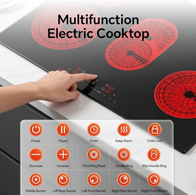 Ranein 30 Inch 5 Burner Electric Cooktop, Max 8800W 240V Ceramic Panel Built-in Electric Stove Top, with Child Safety Lock, Timer, Over-Temperature Protection