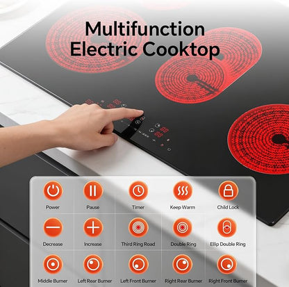 Ranein 30 Inch 5 Burner Electric Cooktop, Max 8800W 240V Ceramic Panel Built-in Electric Stove Top, with Child Safety Lock, Timer, Over-Temperature Protection