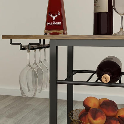 LAATOOREE Bar Cart, Home Bar Serving Cart, 3 Tier Mobile Drink Beverage Cart, Rolling Kitchen Shelf with Wine and Glass Holders, for Dinning Room, Living Room, Kitchen