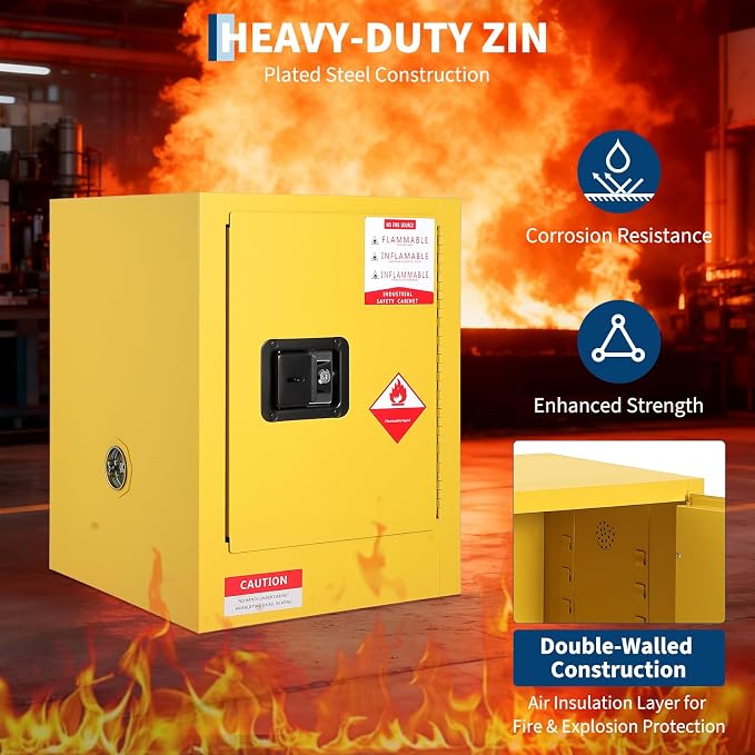 Hazardous Storage Flammable Cabinets, Fire Resistant Safety Cabinet for Flammable Liquids | Cold-Rolled Steel Construction w/Spill Containment Tray, Ventilation Holes & Grounding | Adjustable Shelf