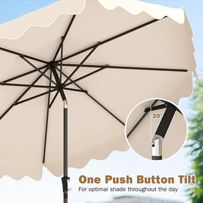 Tangkula 9 FT Patio Umbrella with Base Included, 2-Tiers Outdoor Scalloped Table Umbrella with 2 Sandbags, Tilt Adjustment, Crank, 8 Ribs for Market Backyard Pool Deck Beach Lawn