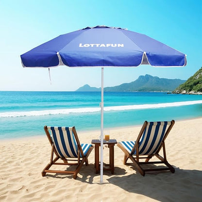 LOTTAFUN 6ft Beach Umbrella - Heavy Duty Wind Resistant UV 50+ Portable Sun Shade with Sand Anchor & Carry Bag, Outdoor Folding Umbrella for Beach, Pool, Patio, Garden (Dark Blue) No Tilt The sand needs to exceed the spiral 6inch