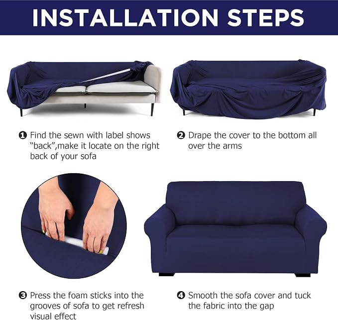 Peryiter 2 Pcs Couch and Loveseat Sofa Covers,Navy Blue,Milk Silk | Armchair Covers for Living Room, Sofa Cushion Slipcover 2/3 Seater, Furniture Protector, Polyester and Spandex, Washable