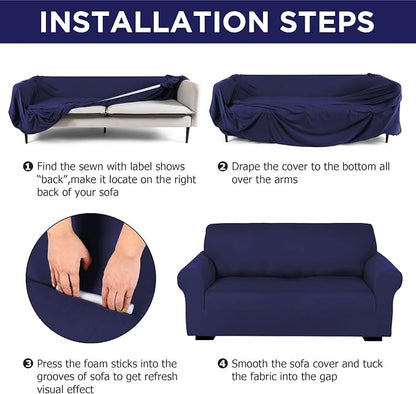 Peryiter 2 Pcs Couch and Loveseat Sofa Covers,Navy Blue,Milk Silk | Armchair Covers for Living Room, Sofa Cushion Slipcover 2/3 Seater, Furniture Protector, Polyester and Spandex, Washable