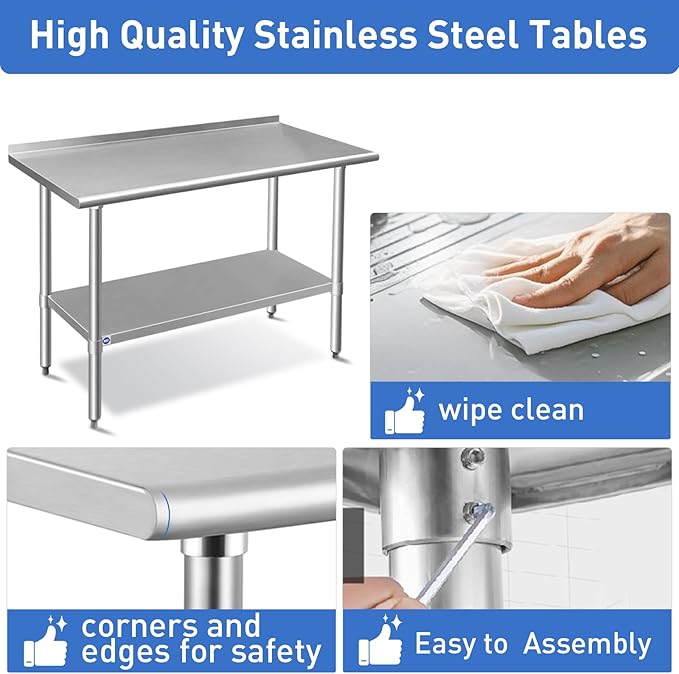 ROCKPOINT Stainless Steel Table for Prep & Work with Backsplash 18x30 Inches, NSF Metal Commercial Kitchen Heavy Duty Table with Adjustable Under Shelf and Table Foot for Restaurant, Home and Hotel
