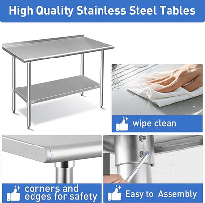 ROCKPOINT Stainless Steel Table for Prep & Work with Backsplash 18x30 Inches, NSF Metal Commercial Kitchen Heavy Duty Table with Adjustable Under Shelf and Table Foot for Restaurant, Home and Hotel