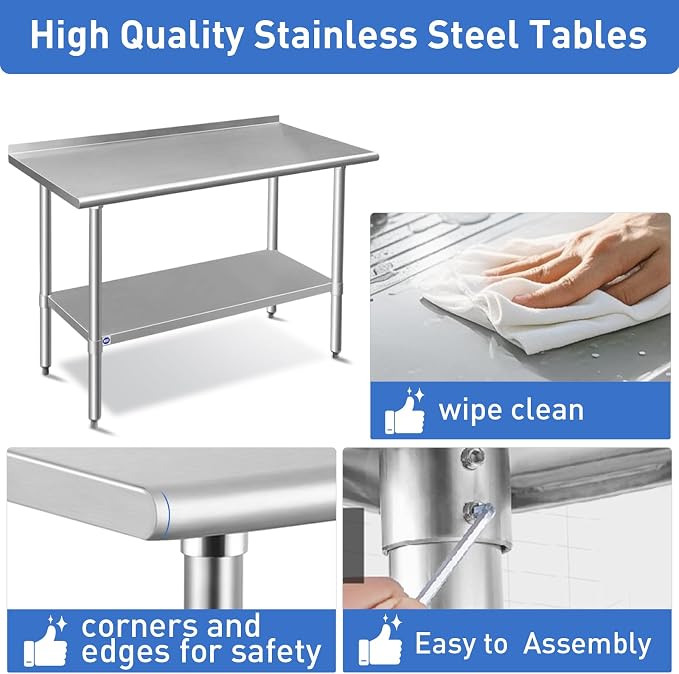 ROCKPOINT Stainless Steel Table for Prep & Work with Backsplash 18x72 Inches, NSF Metal Commercial Kitchen Heavy Duty Table with Adjustable Under Shelf and Table Foot for Restaurant, Home and Hotel