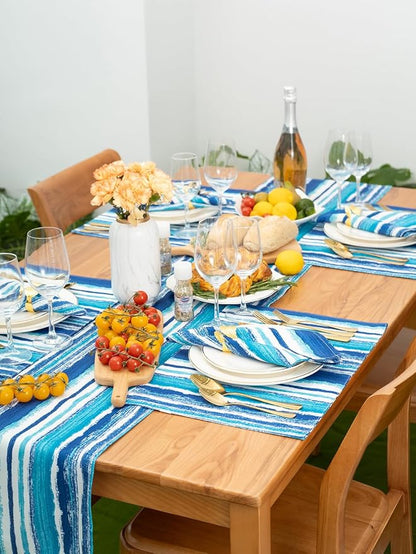 YiHomer Indoor Outdoor Tabletop for Spring Summer Decorations, Picnics and Dinner Parties - Stain and Water Resistant, Crayon Art (Ocean), Table Runner, 14 x 72