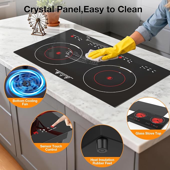 WABK 2 Burner Electric Cooktop 110V, 24 Inch Built-in & Countertop Ceramic Stove Top, 3000W Infrared Hot Plate for RV Apartment, Compatible with All Cookware, Child Lock & Timer