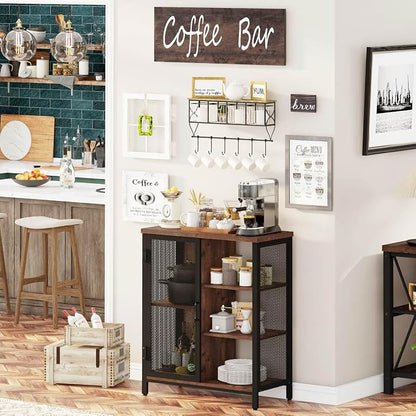 Coffee Bar Cabinet for Home Liquor, Small Storage Cabinet for Kitchen and Entryway, Farmhouse Industrial Buffet Sideboard Credenza with Adjustable Shelves (Rustic Oak)