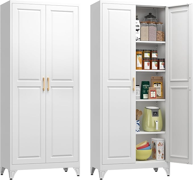Polup Kitchen Pantry Cabinet, 75" H Metal Storage Cabinet with Doors and Shelves, 4 Standing Feet, Cupboard for Kitchen, Dining, Living Room, 16" D x 32" W x 75" H, White, Assembly Required
