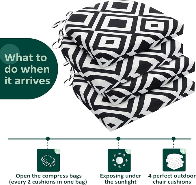 HARBOREST Outdoor Chair Cushions Set of 4, Water Resistant Patio Chair Cushions with Ties, Outdoor Seat Cushions for Patio Furniture, 17"x16"x2", Black/White Diamond