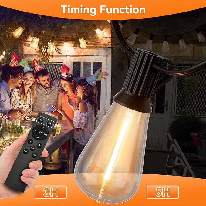 YOYONACY 100 FT Outdoor String Lights for Outside, IP65 Waterproof ST38 LED Shatterproof Bulbs, Dimmable & Timable, 3 Light Modes, Hanging Patio Edison Lights for Porch Backyard Cafe Bistro