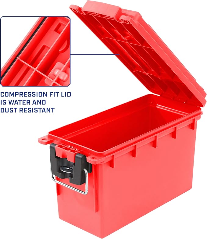 Sheffield 12636 Ammo Storage Box, Stackable .30 Cal Field Boxes, Water and Dust Resistant, Lockable Storage Box with Handle, Secures Hunting Gear, Supplies, and Bullets, Made in USA, Red, (Pack of 6)