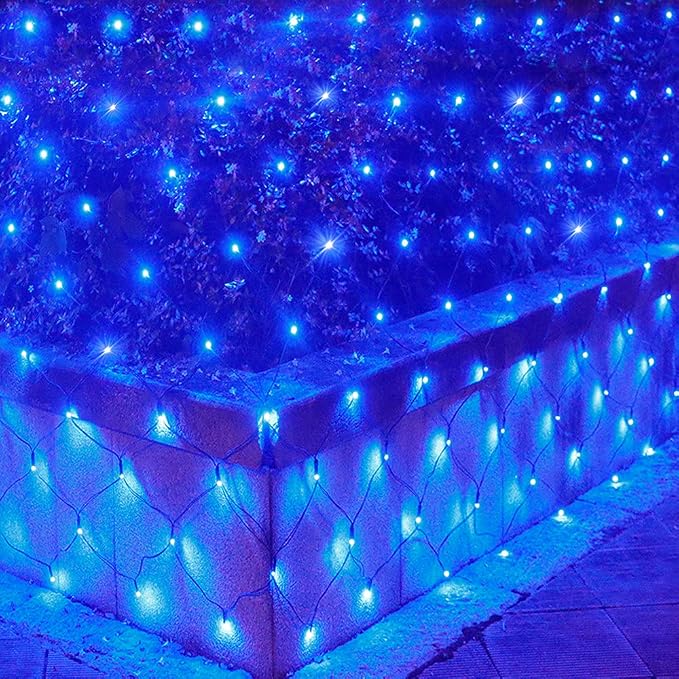 Pooqla Blue Net Lights, 15x 5ft Christmas Bush Lights Outdoor Green Wire | 300 LED Large Net Mesh Lights Plug in, 8 Modes Waterproof Connectable Bushes Lights for Halloween Hedge Yard Decor