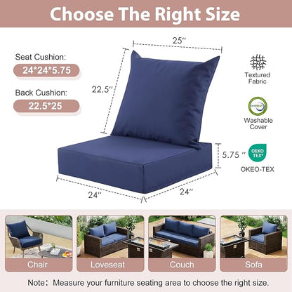 Outdoor Deep Seat Cushion Set, 24x24 Inch, Navy Blue, Set of 6 | Water-Resistant, Fade-Resistant, Removable Cover, For Patio Chair & Sofa&Furniture