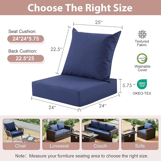 Outdoor Deep Seat Cushion Set, 24x24 Inch, Navy Blue, Set of 1 | Water-Resistant, Fade-Resistant, Removable Cover, For Patio Chair & Sofa&Furniture