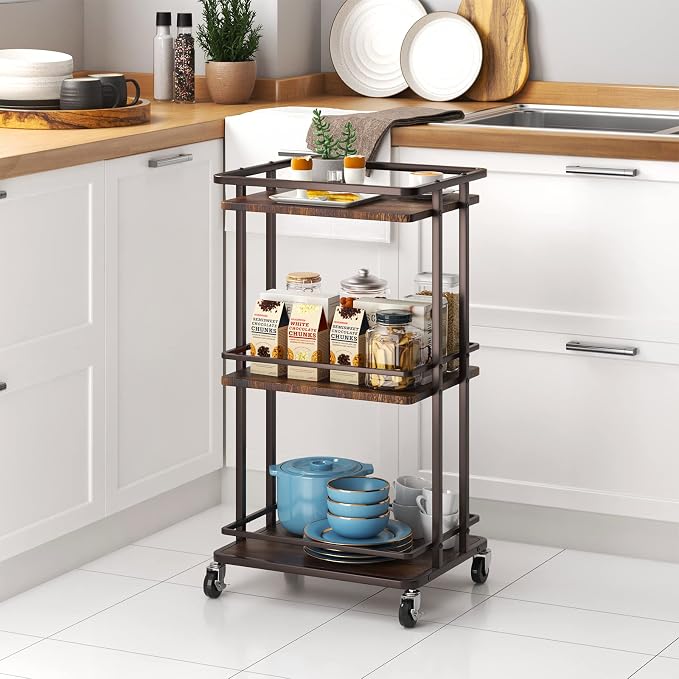 XYZLVSI Bar Cart, Home Bar Serving Cart, 3 Tier Kitchen Shelf with Wheels | Wood and metal, kitchen island storage cart with wheels, multifunction utility cart storage rack for dining room, living room
