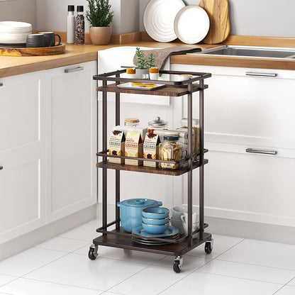 XYZLVSI Bar Cart, Home Bar Serving Cart, 3 Tier Kitchen Shelf with Wheels | Wood and metal, kitchen island storage cart with wheels, multifunction utility cart storage rack for dining room, living room