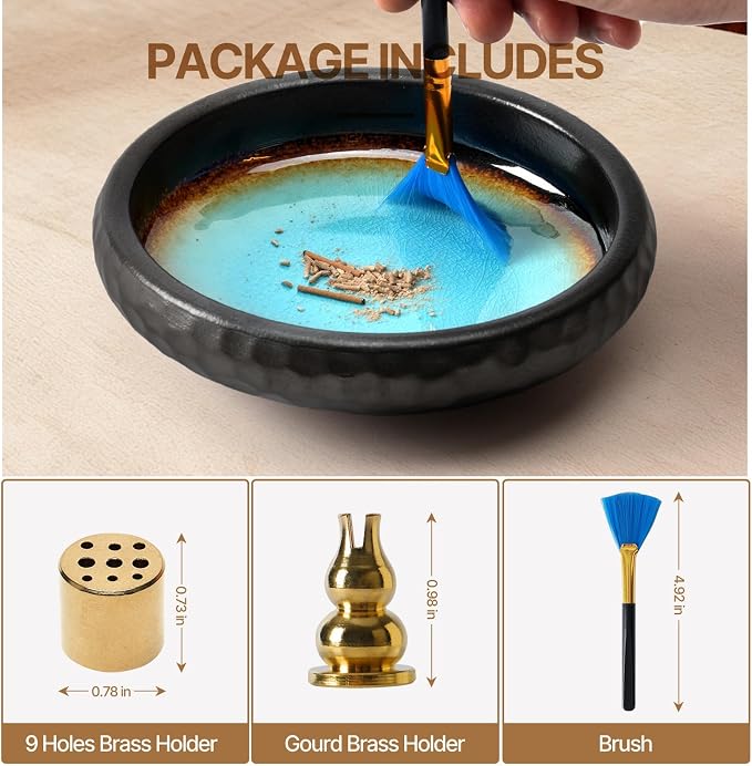 6 Inch Incense Holder with Ash Catcher,Ceramic Handmade Crack Blue Glaze | Incense Burner Bowl,9-Hole Design for Sticks,Cones,Coils Sage,Palo Santo - Perfect for Meditation,Yoga & Zen Home Décor