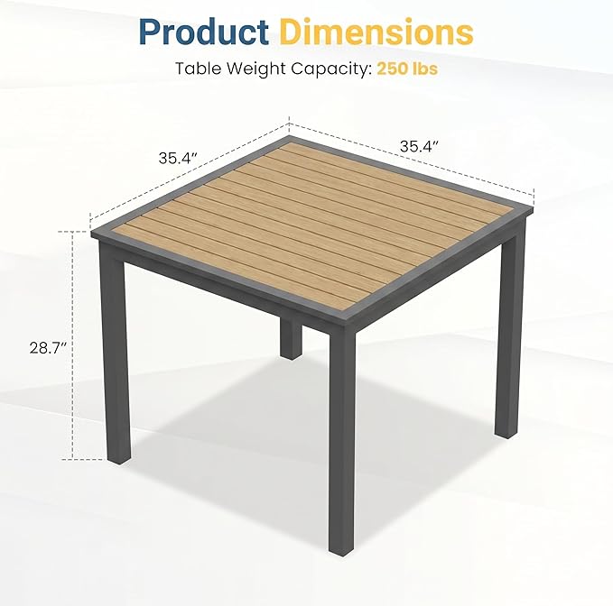 Aluminum Outdoor Table for All-Weather, 35.4" Patio Tables with Heavy Duty HDPS Square Tabletop, Outside Table with Quick-Drying Slatted Design for Porch, Patio, Garden, Deck, Poolside, Backyard