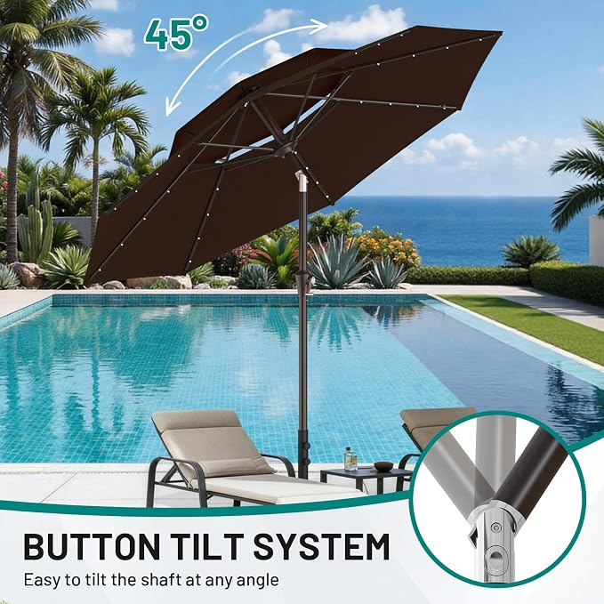 AreShark 9ft 3 Tiers Patio Umbrella with Solar Lights, Outdoor Umbrella w/ 32 LED Lights&8 Sturdy Ribs, Table Umbrella for Deck, Backyard, Pool (Dark Brown)