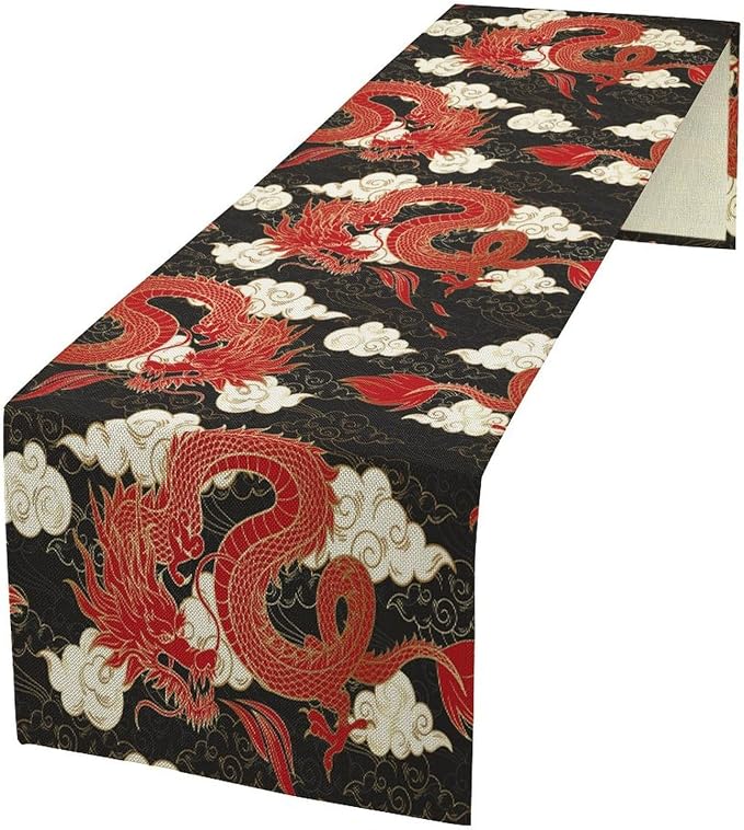 Asian Red Dragon Table Runner Traditional Chinese Japanese Dragons Flying Mascot Animal Clouds Dinner Runner Table Decoration for Home Kitchen Dining Table Party Decoration 13x70in