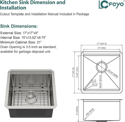17x17 Inch Undermount Wet Bar Sink Square Workstation Kitchen Sink, Single Bowl 16 Gauge Stainless Steel for RV, Camper Van, Outdoor Kitchen, Basement Bar, or Small Home Kitchen